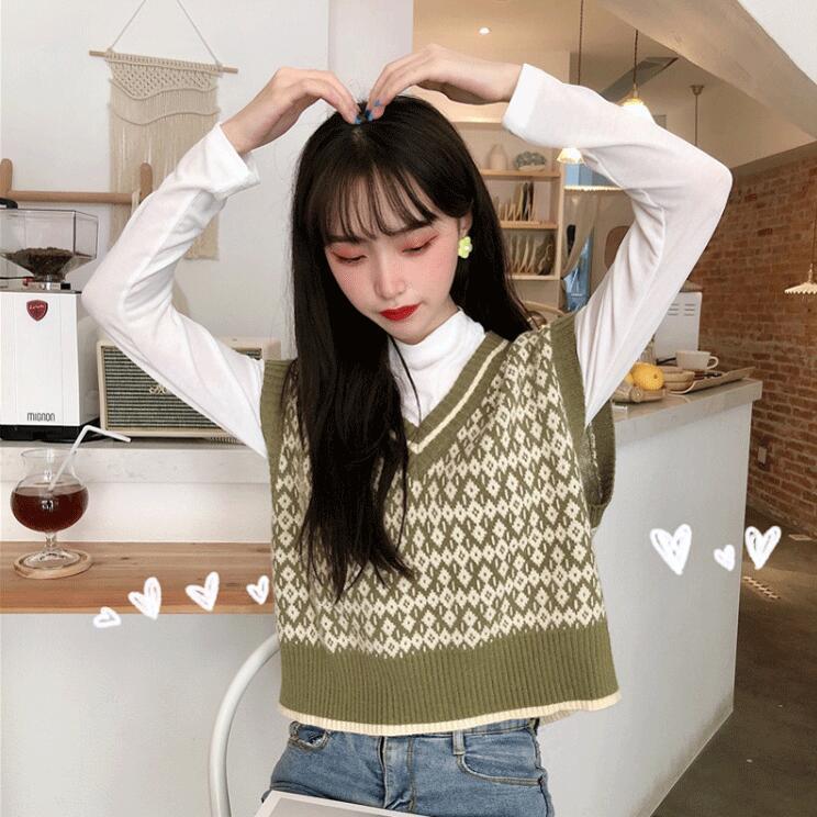 Áo Sweater Dệt Kim Sát Nách Màu Cà Phê Sọc Ca Rô Kiểu Hàn Quốc Thời Trang Mùa Thu Cho Nữ