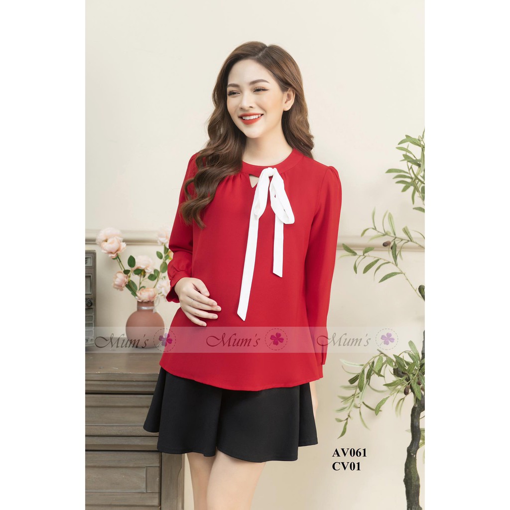 ÁO BẦUFREESHIPÁO voan đỏ cổ tròn nơ cổ  Thời trang bầu công sở