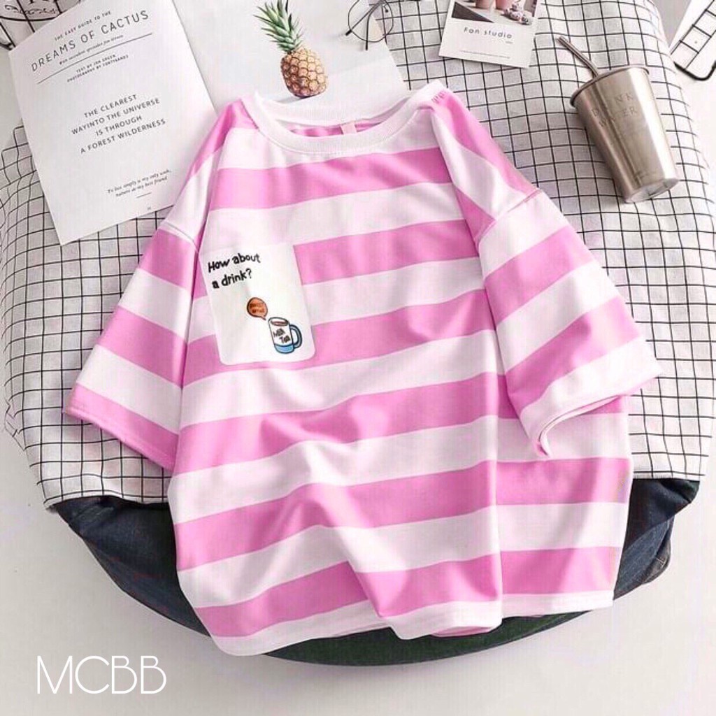 MCBB - Xanh Nước Biển 7-47kg Áo Thun Bé Gái Cotton Áo Hip Hop Ngắn Tay Lỡ Oversized Sọc Xinh Áo Bé Gái 1-16 Tuổi Nữ AOS5