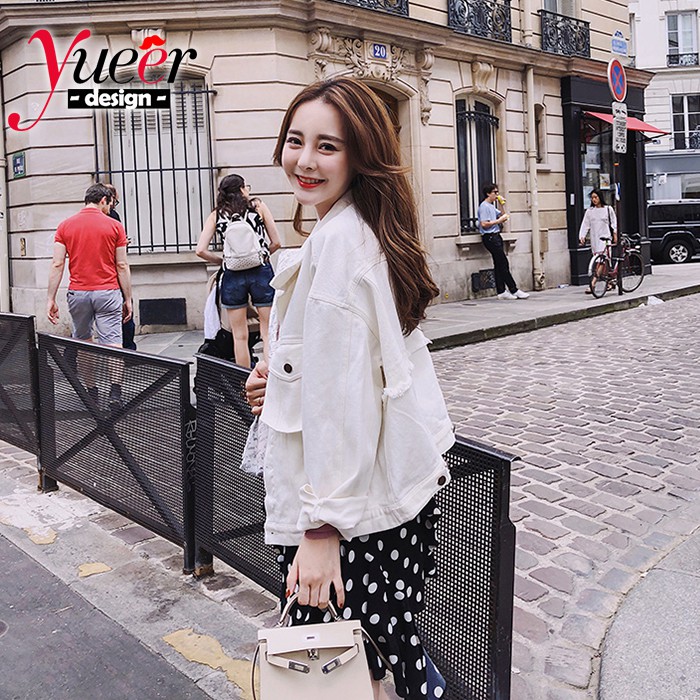 Áo Khoác Denim Tay Dài Màu Trắng Phong Cách Hàn Quốc Harajuku Mùa Xuân Thu Cho Nữ Cỡ S ~ L]