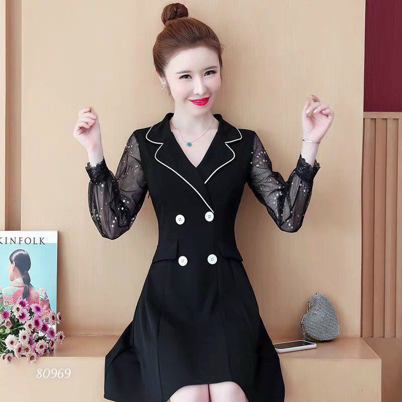 ĐẦM CÔNG SỞ CỔ VEST PHỐI NÚT DỄ THƯƠNG-D10