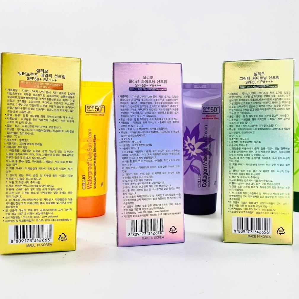 Kem chống nắng Hàn Quốc CELLIO SPF 50 PA+++ 70G . Dưỡng ẩm, trắng da, chống nước. Thành phần tự nhiên mọi loại da