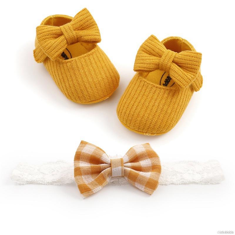 Set 2 Món Gồm Giày Chống Trượt Đính Nơ Và Băng Đô Cho Bé Gái Từ 0-18 Tháng Tuổi
