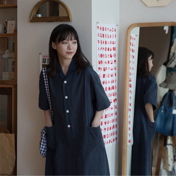 AMOI Đầm Midi Dáng Rộng Cổ Polo Phong Cách Hàn Quốc Thời Trang Cho Nữ