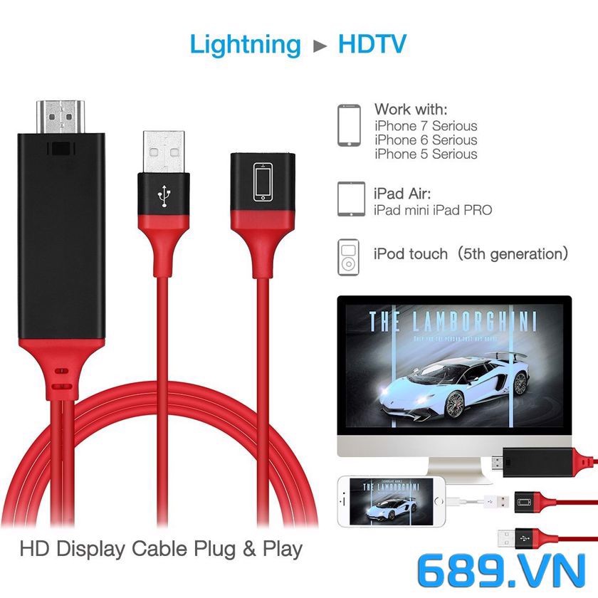 Cáp Hdmi kết nối từ điện thoại lên tivi cho điện thoại iphone ipad full HD không cần cài phần mềm