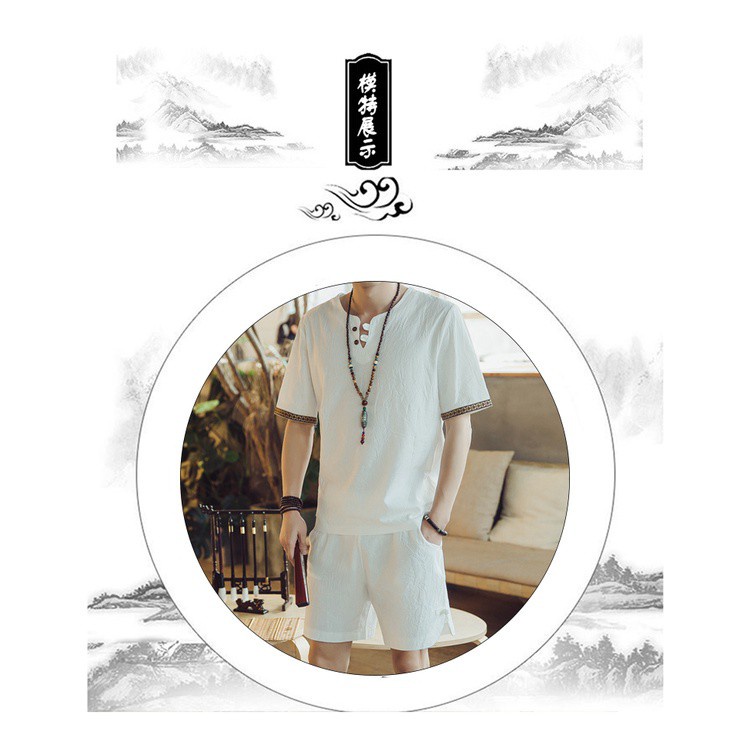 DY12*2019Summer Men's Cotton and Linen Short SleeveTT-shirt Suit Large Shorts Two-Piece Suit for Men Gray * P45