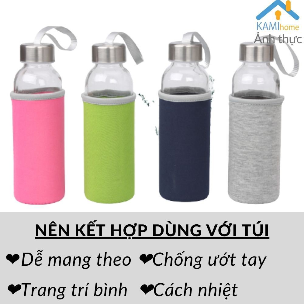 Bình nước thủy tinh VAVỏ nhựa xương rồng nắp xoay chống tràn 350m kiêm Lọ hoa dễ thương mã 20021