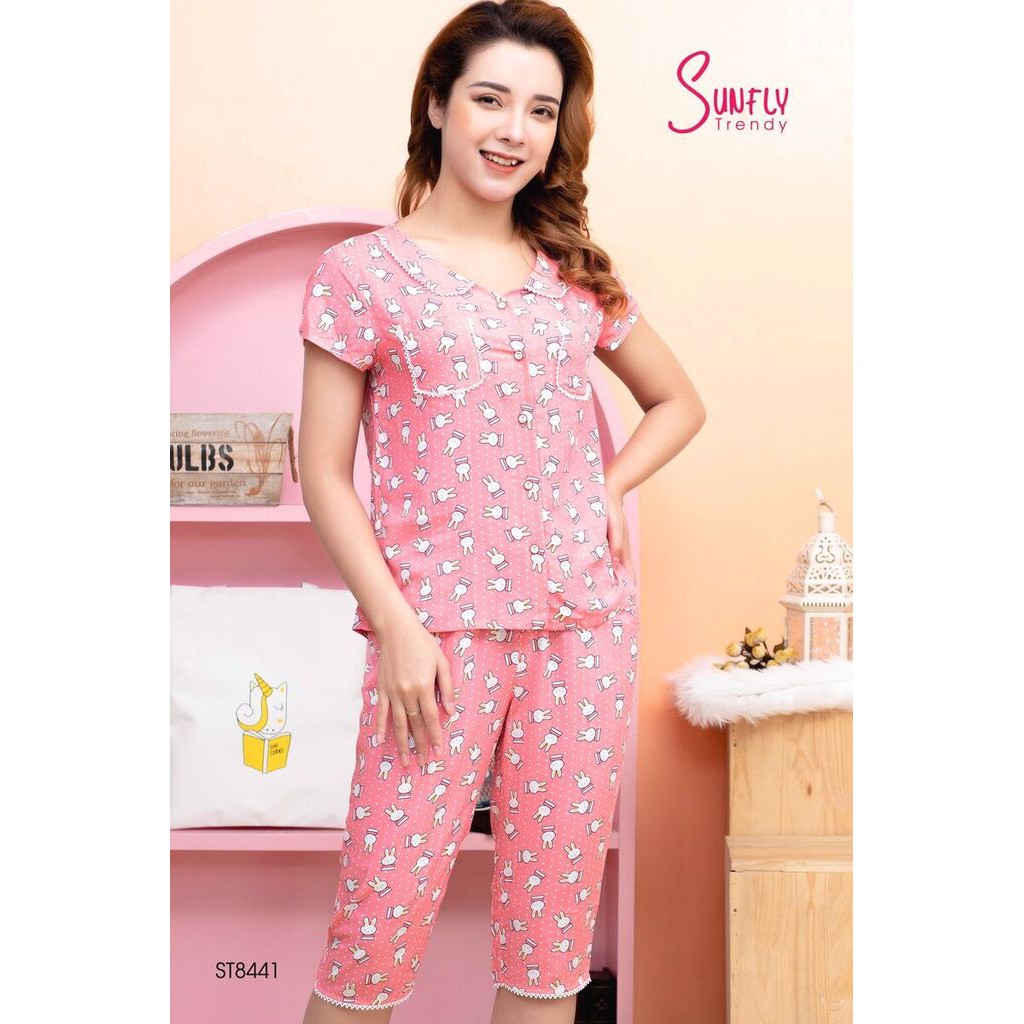 Bộ lanh mặc nhà Sunfly, Áo cộc tay- quẩn lửng ST8441 chính hãng