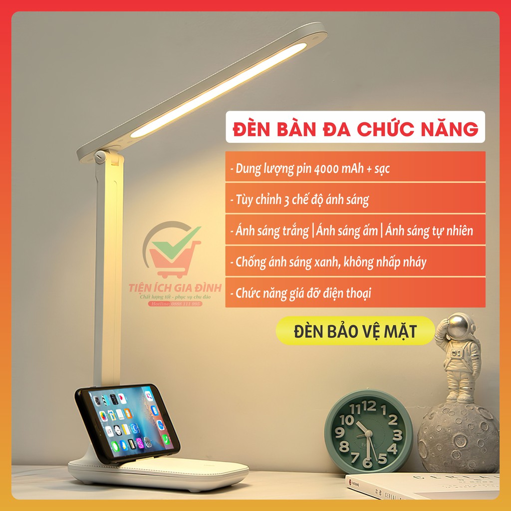 Đèn học để bàn bảo vệ mắt - Chống cận thị - Tùy chỉnh ánh sáng, sạc USB pin tích điện 4000 mAh / BH 6 tháng