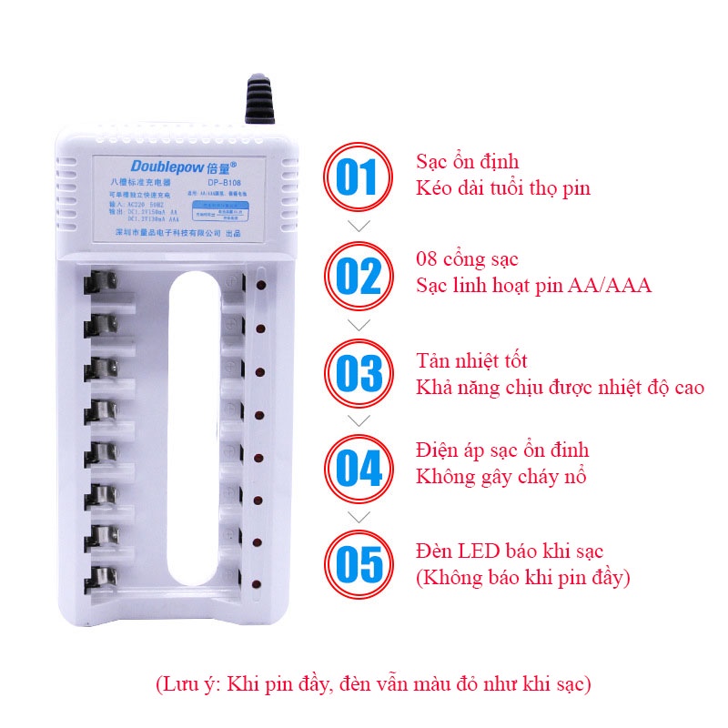 Bộ sạc pin tiểu AA AAA 8 cổng Doublepow DP-B108 - Sạc pin tiểu đa năng Nimh Nicd tiêu chuẩn