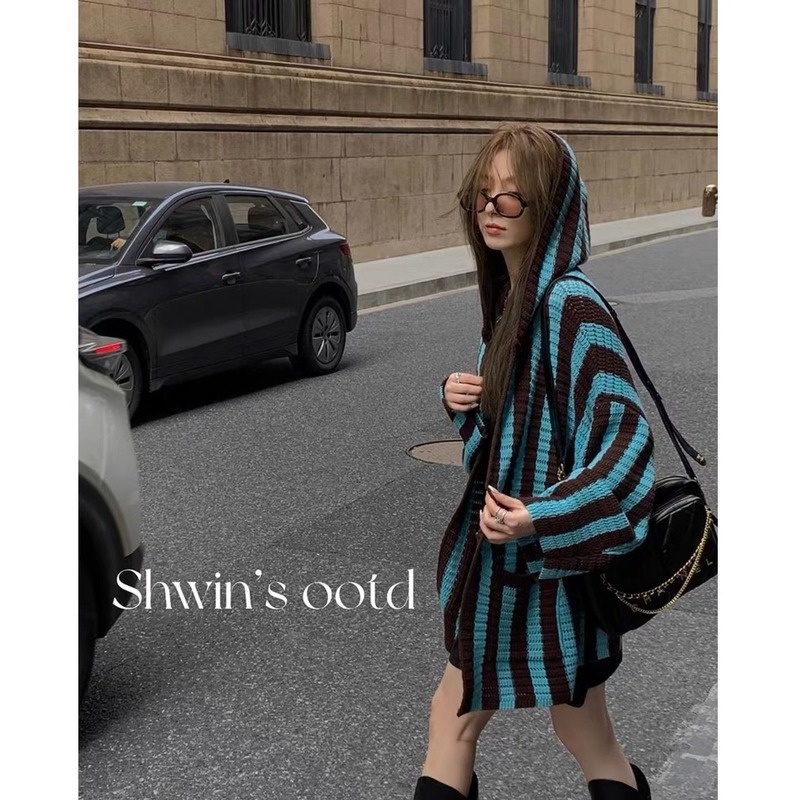 Áo Khoác Cardigan Dệt Kim Tay Dài Cổ Chữ V Hoạ Tiết Kẻ Sọc Thời Trang Mùa Thu Cho Phái Nữ