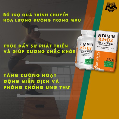 Vitamin K2 D3 - MK7 Bronson 250 Viên Hỗ trợ Giúp Xương Chắc Khỏe, Tăng Hóc Môn, Phát Triển Cơ