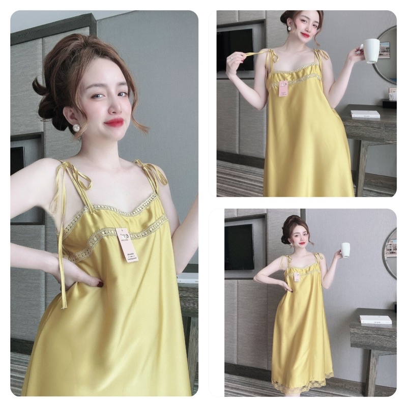 Váy Ngủ Nữ Sexy Nữ, Đầm Ngủ Nữ 2 Dây lụa Latin phối ren, Freesize 40_70kg, tuỳ chiều cao