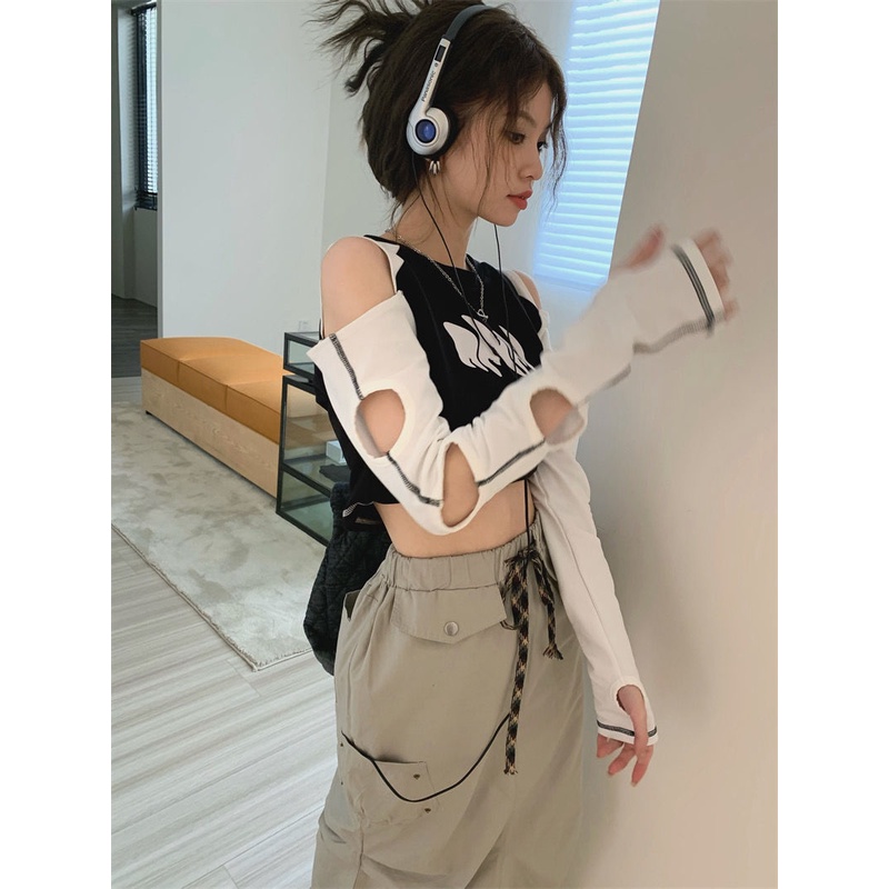 Áo Thun Trễ Vai Tay Dài Dáng Ôm Màu Đen Phối Rách Kiểu Retro Mỹ Thời Trang Mùa Hè Cho Bạn Gái