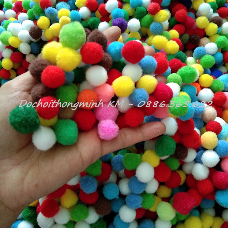 Quả bông Pompom trơn, Pompom kim tuyến nhiều size LẪN MÀU