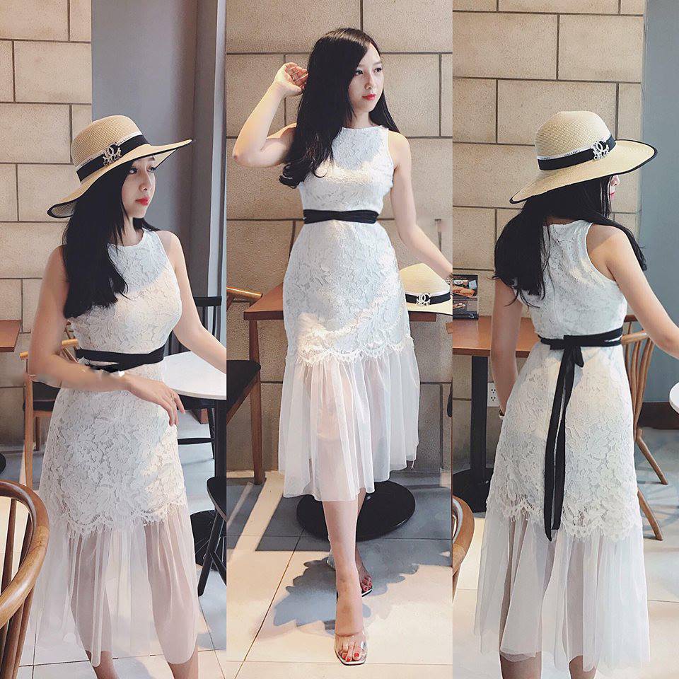 Đầm dự tiệc đầm ren trắng đuôi cá thắt nơ eo | BigBuy360 - bigbuy360.vn
