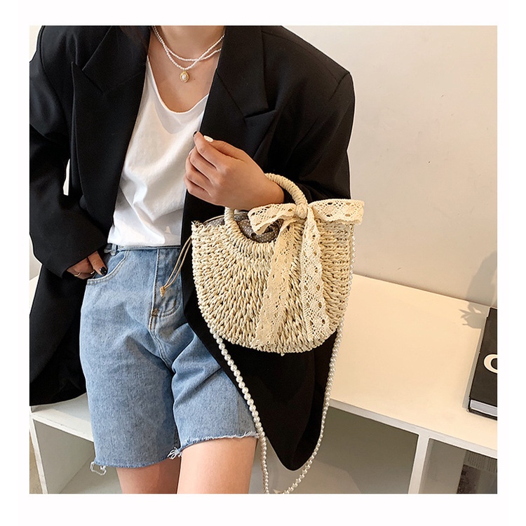 Túi cói đi biển bán nguyệt xách tay Vintage nhỏ