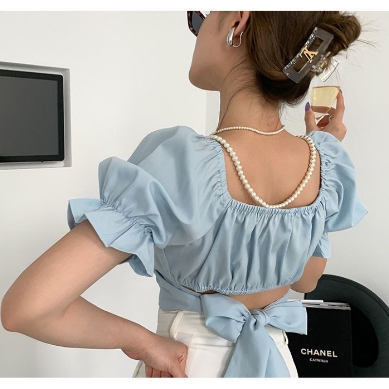 Áo Croptop Voan Ngắn Tay MIRA.CLOSET Bồng Bềnh Nhún Ngực Phối Nơ Lưng Siêu To A5170