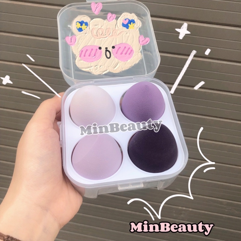 Set 4 mút trang điểm  đa năngtán kem nền BB có hộp đựng giúp make up tiện dụng