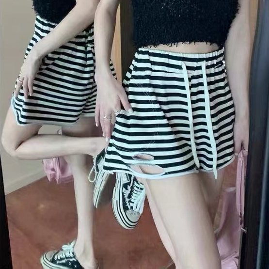 SUXI Quần ngắn ống rộng Lưng Cao Dáng Chữ A Họa Tiết Kẻ Sọc Thiết Kế Rách Thời Trang Mùa Hè Trẻ Trung