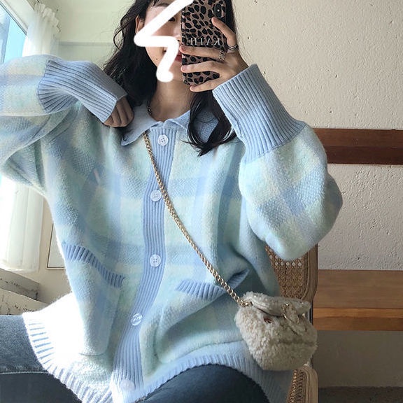 Áo khoác cardigan dệt kim dáng rộng cổ polo cài nút màu khối phong cách Hàn Quốc thời trang cho nữ
