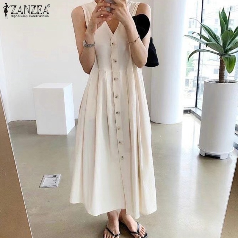Đầm dài ZANZEA không tay cổ chữ V thời trang cho nữ
