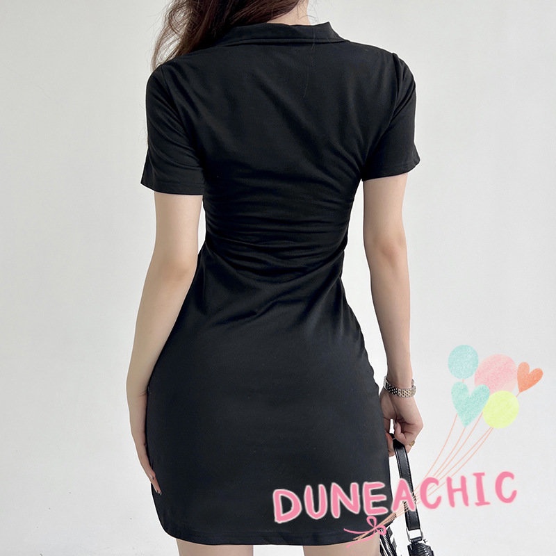 DUNEA Đầm Ngắn Tay Cổ Polo Phối Khóa Kéo Thời Trang Cho Nữ