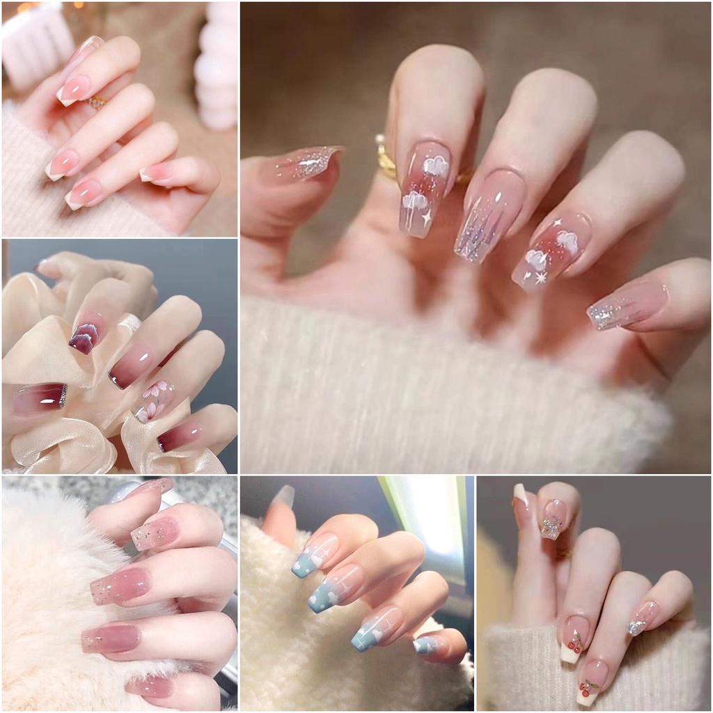 Set 24 móng tay giả dài kẻ sọc phong cách cá tính thiết trang trí nghệ thuật