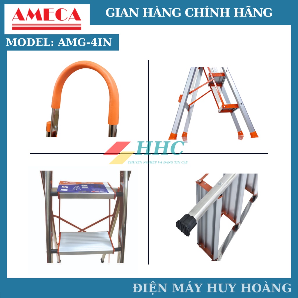 Thang nhôm xếp, thang ghế inox tay vịn 4 bậc Ameca AMG-4IN