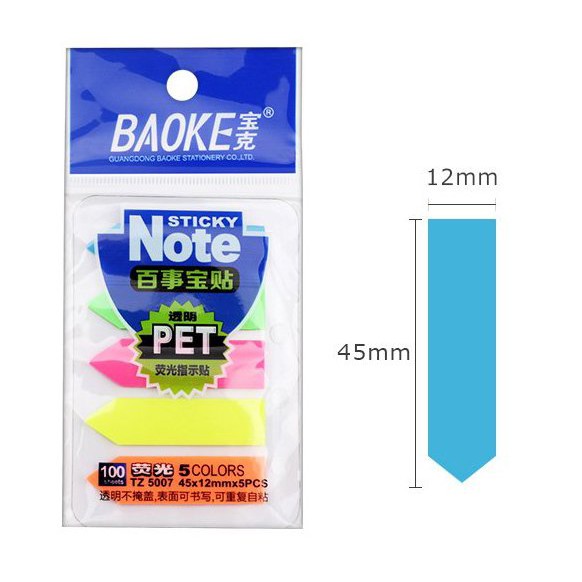 Giấy nhớ phân trang nhựa mũi tên Baoke, 45mm x 12mm, 5 màu,100 tờ/tập, TZ5007