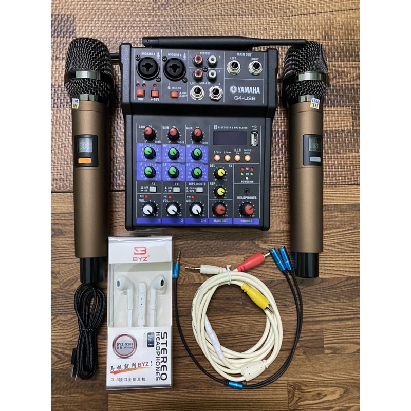 Combo bộ sản phẩm Livestream mixer G4 ⚡FREESHIP⚡ Hai mic không dây tặng kèm tai nghe,dây livetream chế