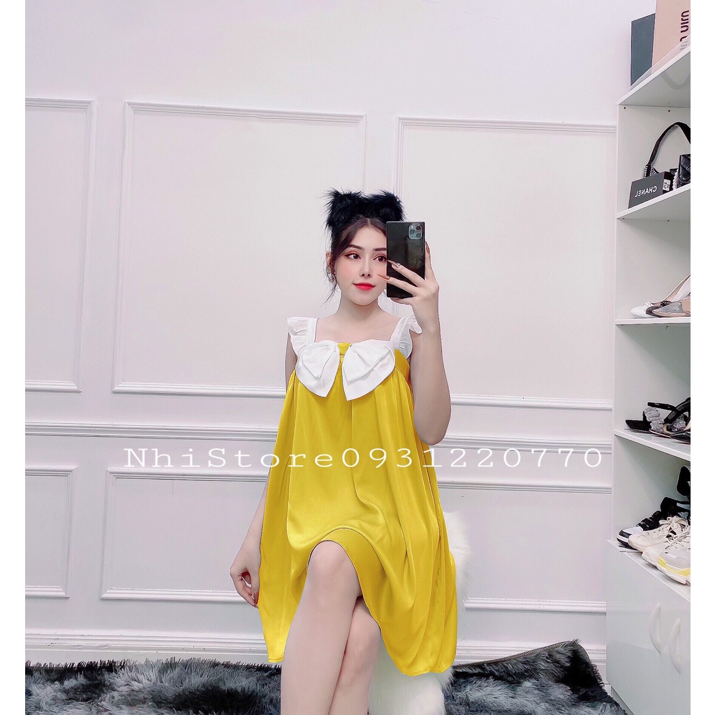 ( Freeship 50k ) Đầm Mặc Nhà Nhistore Đần Ngủ Lụa 2 Dây Đính Nơ Lưng Thun Co Giãn Freesize Dưới 57kg