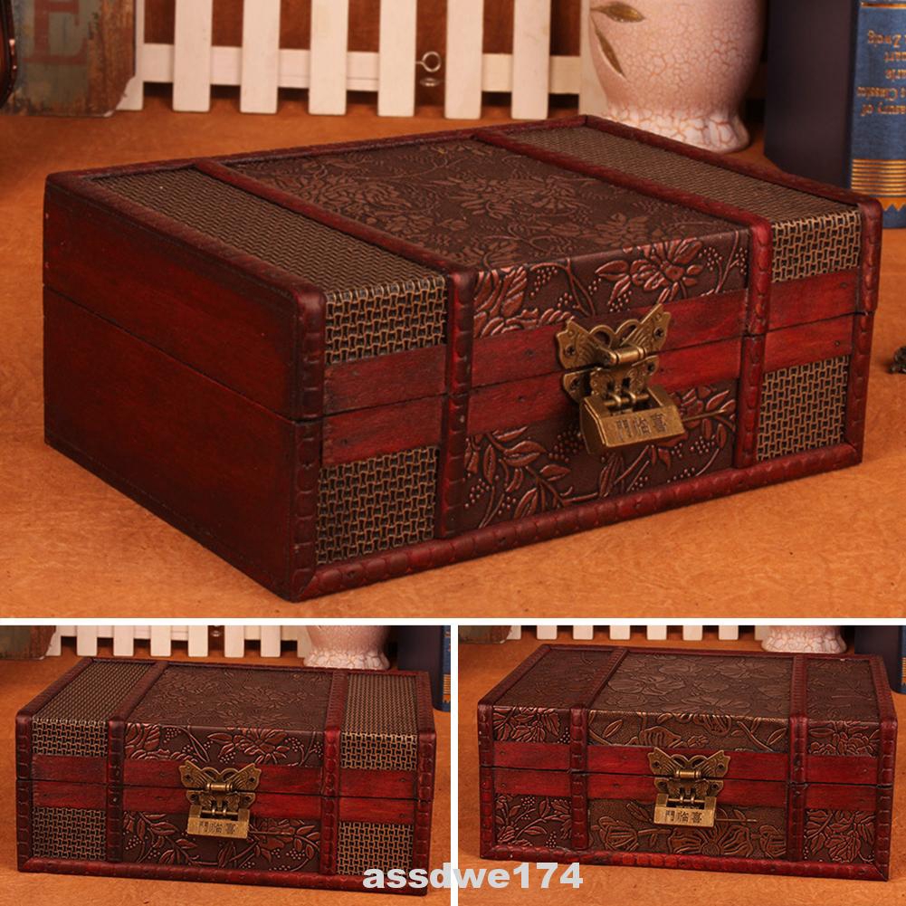 Cuboid Desktop Vintage With Lock Wooden Storage Box