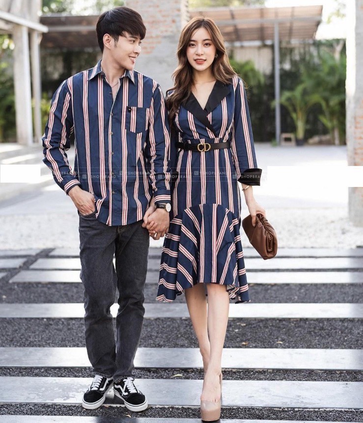 Set đồ đôi áo đôi áo cặp áo tình nhân gồm áo sơ mi và váy nữ chất vải kate thoáng mát hiện đại, set đồ couple CP073