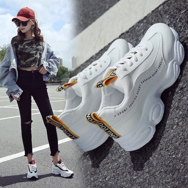 Giày sneaker HAPU nữ kiểu hàn quốc thêu chữ hot trend 2021 (trắng dây vàng, trắng đen)