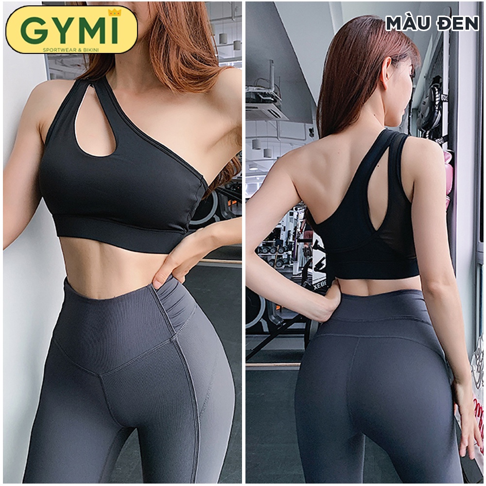 Áo bra tập gym yoga nữ GYMI AL26 dáng dây chéo lệch vai sexy thể thao chất thun lạnh phối lưới co giãn