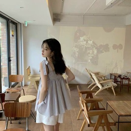 Set babydoll Hàn Quốc S.047, Set áo kẻ caro xanh thắt nơ vai và quần kaki short trắng