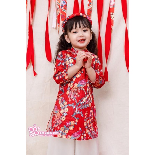 Áo dài bé gái truyền thống hoạ tiết công Phượng cho bé mặc Lễ, Tết kèm mấn siêu xinh và nhẹ nhàng ADG03