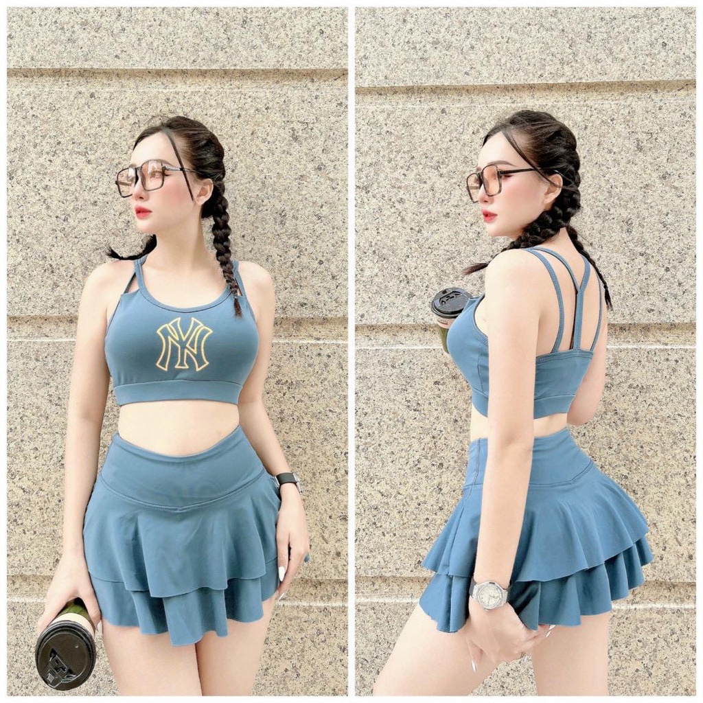 Đồ tập gym nữ, set tập NY áo bra chân váy 2 tầng nhảy aerobic, yoga, khiêu vũ,biểu diễn, đi bơi,đi biển nữ