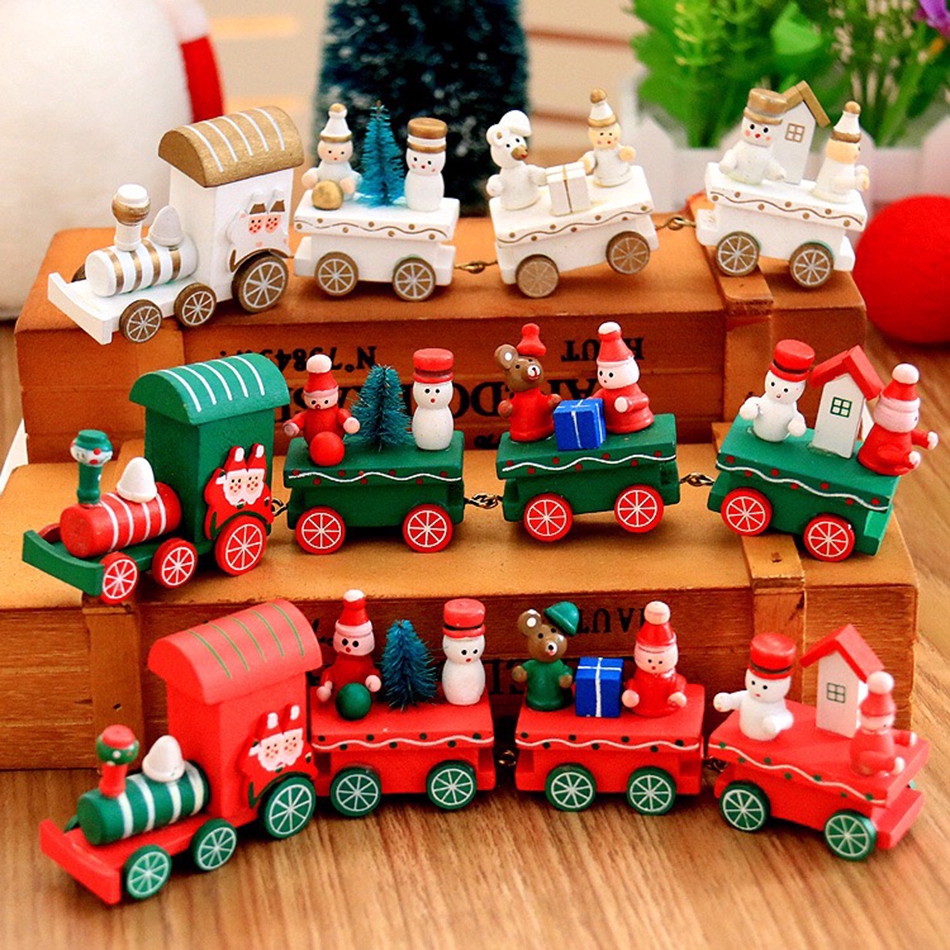 Tàu lửa đồ chơi bằng gỗ nhiều màu vui nhộn dùng trang trí tiệc giáng sinh