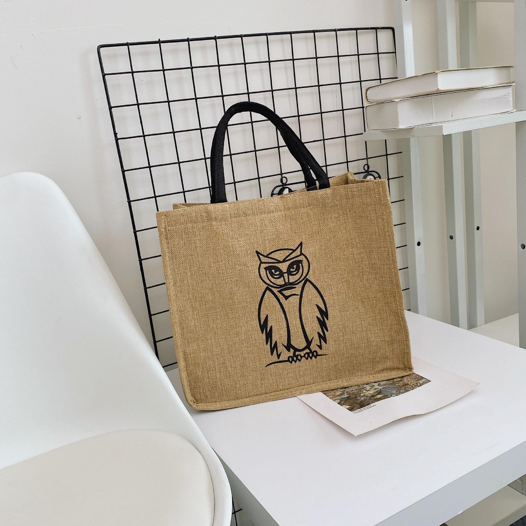 Túi cói họa tiết cú dễ thương phong cách đi biển