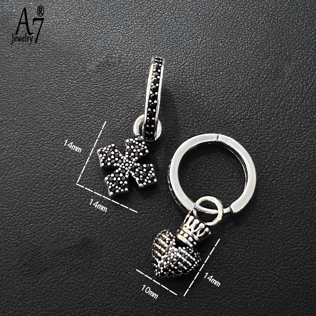 A7| Bông Tai Mạ Bạc 925 Hình Thánh Giá / Vương Miện / Trái Tim Màu Đen