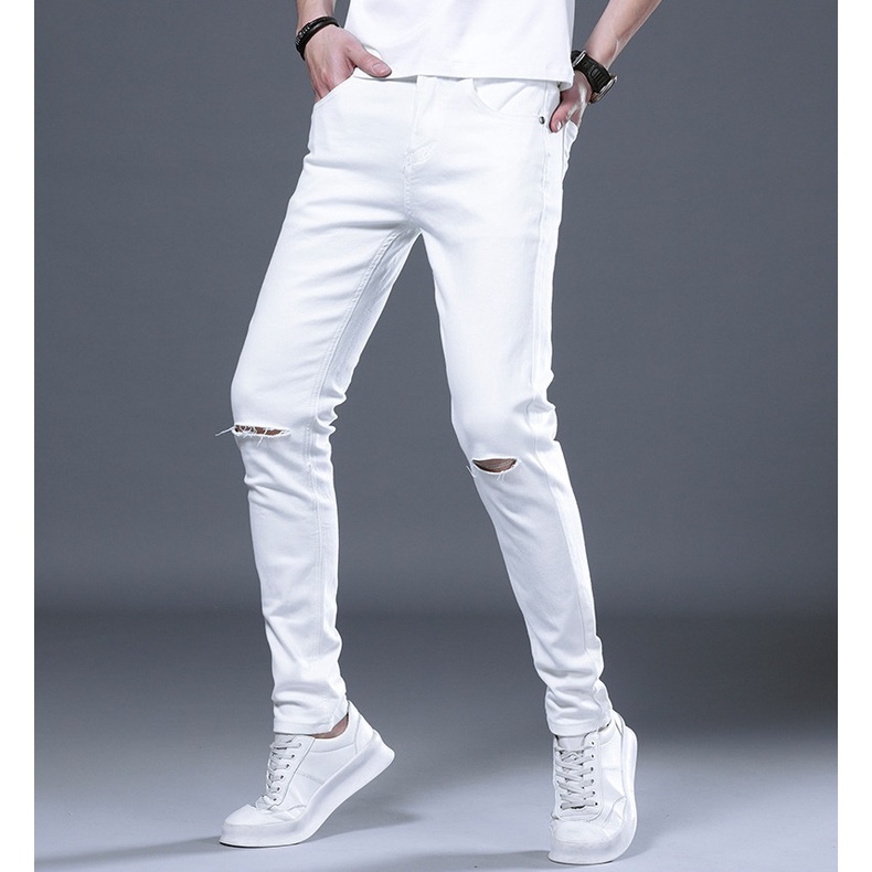 quần jean trắng nam rách gối co giãn slimfit 2022 Pon.mens