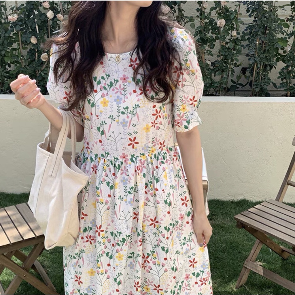 Váy babydoll thô hoa nhí thắt nơ ulzzang - Đầm hoa thô dáng babydoll