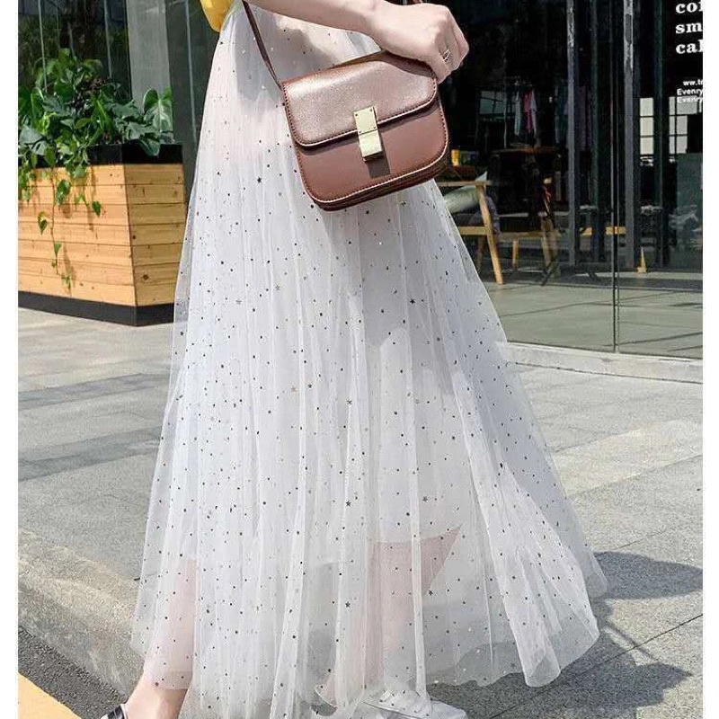 Chân váy Midi xòe dáng dài màu ghi, be, trắng Bling Bling lấp lánh cạp chun đi làm đi chơi đi học phong cách Hàn Quốc