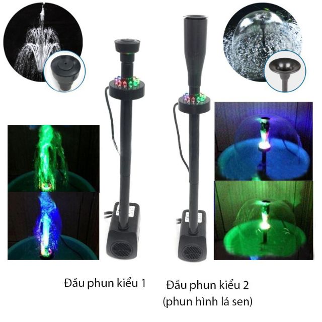 Máy bơm chìm 15W có đầu phun hình nấm kèm đèn led