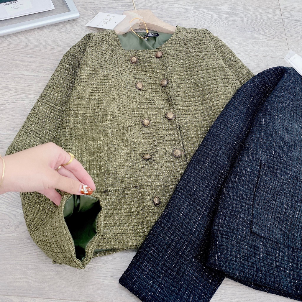 Áo khoác dạ tweed 2 lớp dày dặn cúc đồng vintage,Áo khoác dạ nữ trẻ trung cực xinh