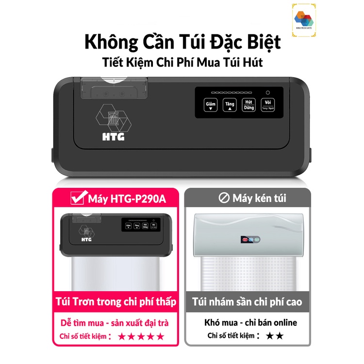 Máy hút chân không thực phẩm không kén túi HTG P290A hút đồ khô ướt, hàn miệng túi độc lập, TIẾNG VIỆT, thổi phồng túi