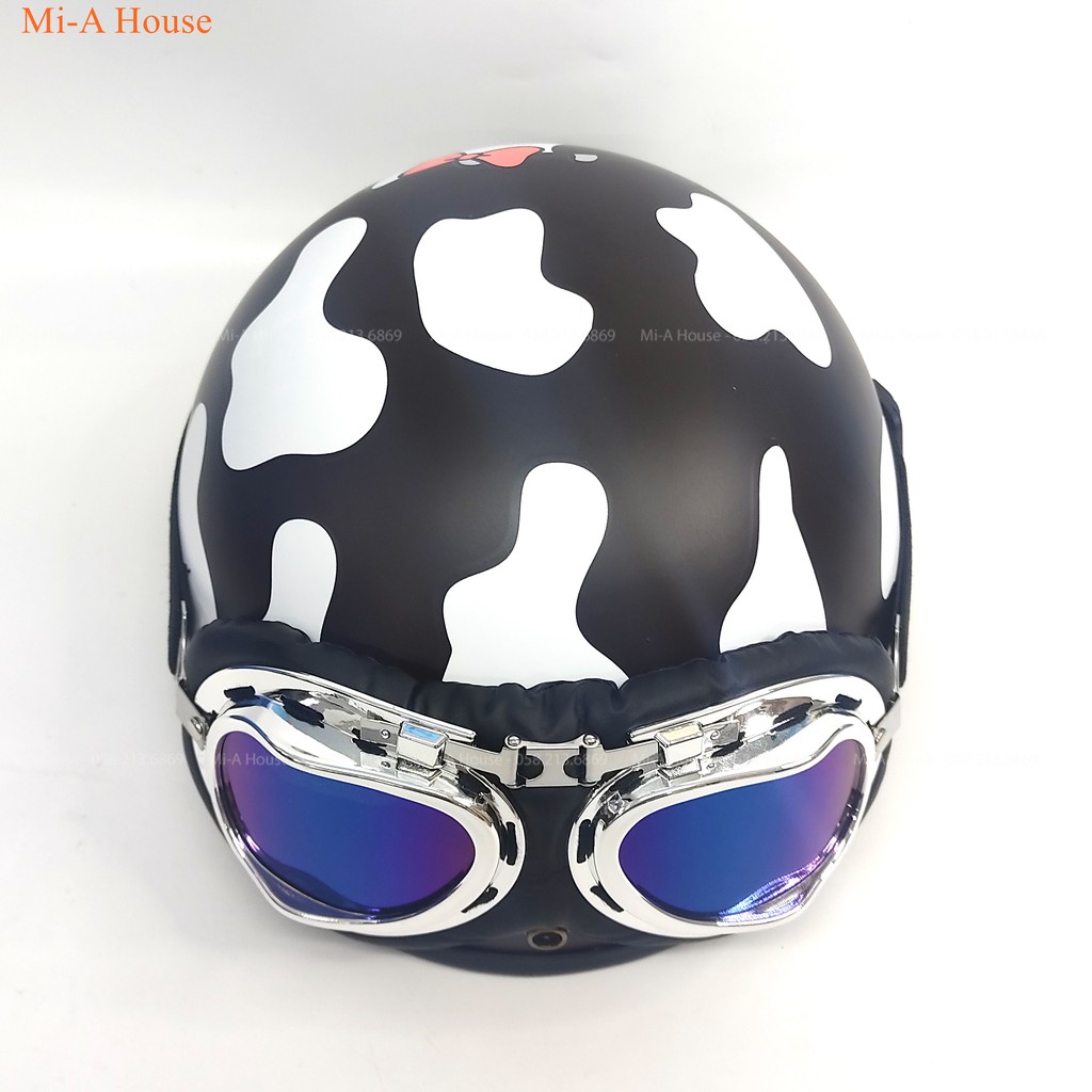 Mũ bảo hiểm nửa đầu bò sữa dễ thương kèm kính phi công, kính uv400 xinh xắn, free size - màu nâu trắng
