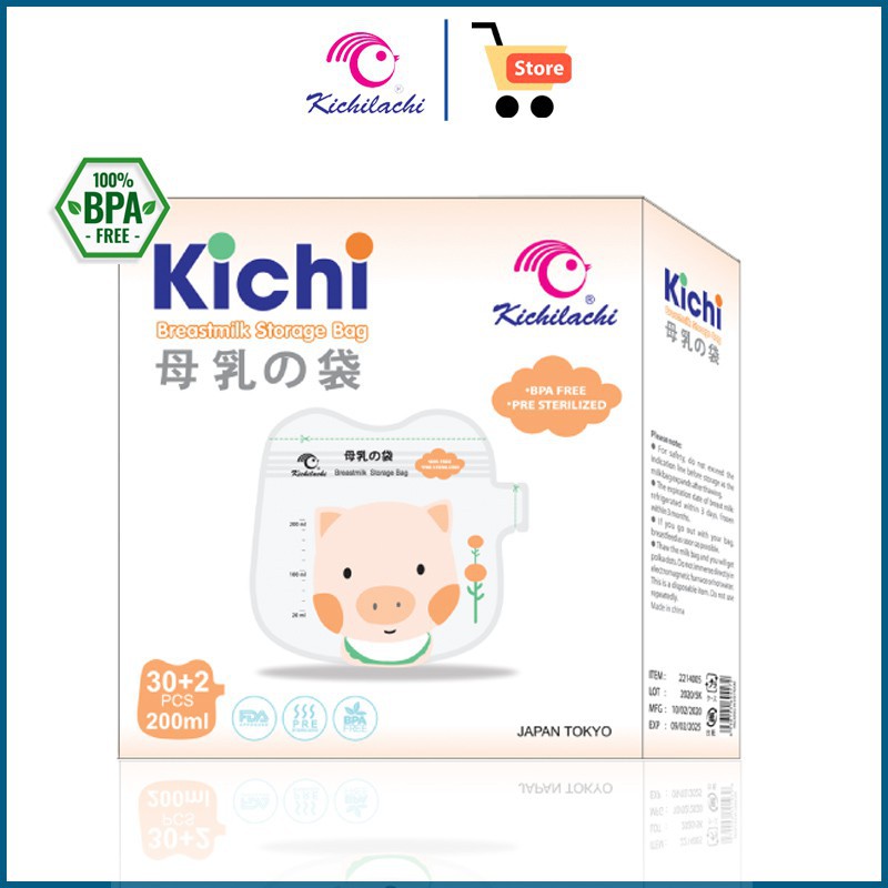 2 Hộp - 64 túi trữ sữa 200ml không BPA, không mùi &amp; 2 khóa zip an toàn cho Bé KICHILACHI (Hình con heo dễ thương)